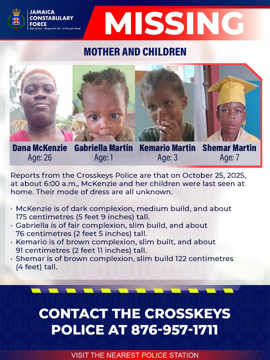 JamaicaConstab's tweet image. Twenty-six-year-old Dana McKenzie and her three children, 1-year-old Gabriella Martin, 3-year-old Kemario Martin and 7-year-old Shemar Martin, all of Warrick district, Crosskeys in Manchester have been missing since Saturday, October 25.

Reports from the Crosskeys Police are…