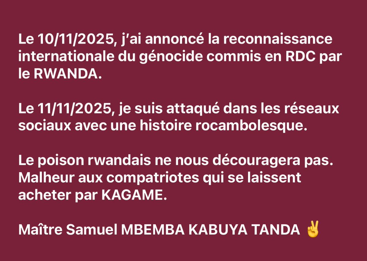 Le 10 novembre 2025, Samuel MBEMBA a arraché deux résolutions historiques reconnaissant le génocide contre les Congolais dans l’Est. Et dès le lendemain,voilà les intrus qui se lèvent pour critiquer et diviser.Honte à ceux qui sabotent la lutte de leur propre peuple