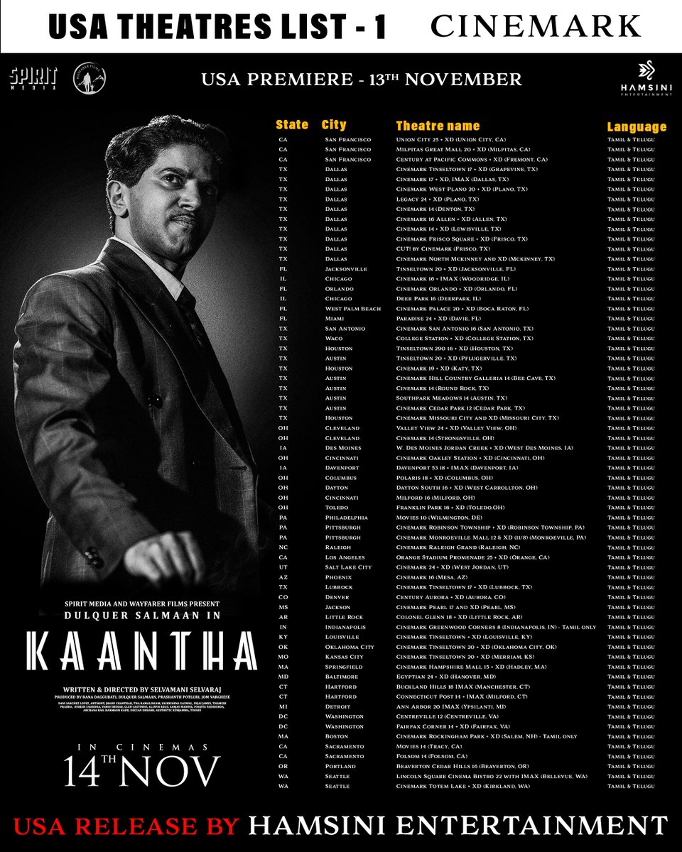 ChitramUpdates's tweet image. #kaantha USA Release theatre list 
North America Release by @Hamsinient 

Premieres November 13th 

@DQsWayfarerFilm @SpiritMediaIN #DulquerSalmaan #rana