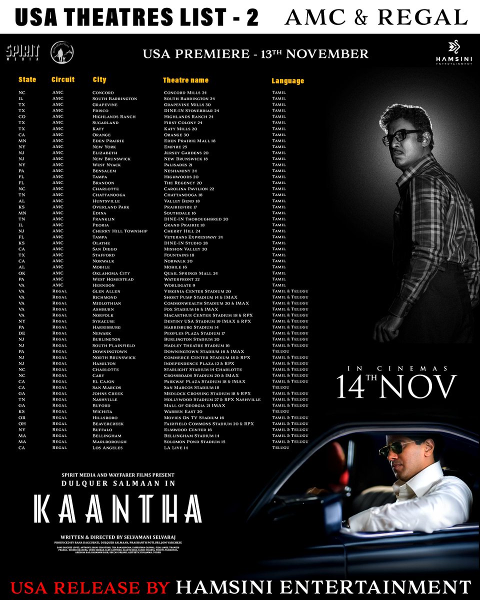 ChitramUpdates's tweet image. #kaantha USA Release theatre list 
North America Release by @Hamsinient 

Premieres November 13th 

@DQsWayfarerFilm @SpiritMediaIN #DulquerSalmaan #rana