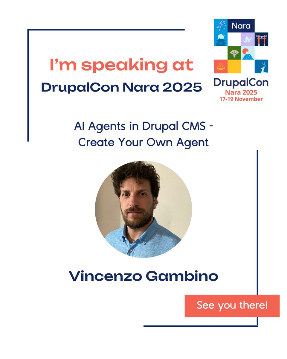 DrupalConAsia's tweet image. 🤖 Drupal で自分の AI エージェントを作ろう！
 Vincenzo Gambino 氏が #DrupalConNara 🇯🇵 に登壇。
 「AI Agents in Drupal CMS – Create Your Own Agent」

📍 会場：飛天 C/D | 🗓 11 月 18 日 
 🗣️ 英語セッション
 🔗 events.drupal.org/nara2025/regis…

#DrupalConAsia #Drupal #OpenSource #AI