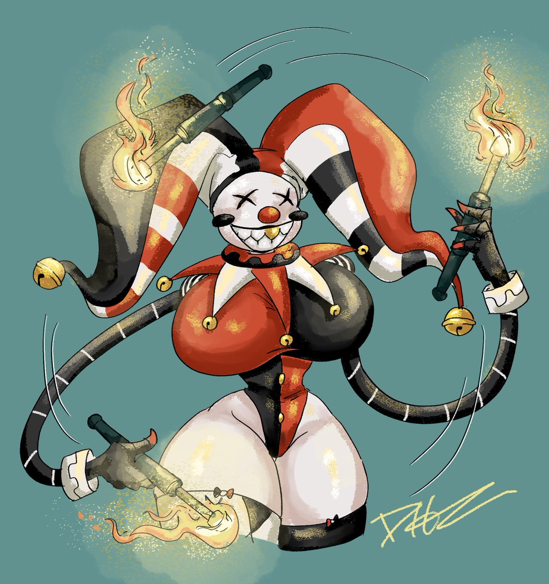 Totally not safe for work (outside of the circus) commission of my Jester Sprocket doing some flaming juggling!

HUMONGOUS thank you to my ever so talented artist friend who did this amazing piece of her!🤡🔥