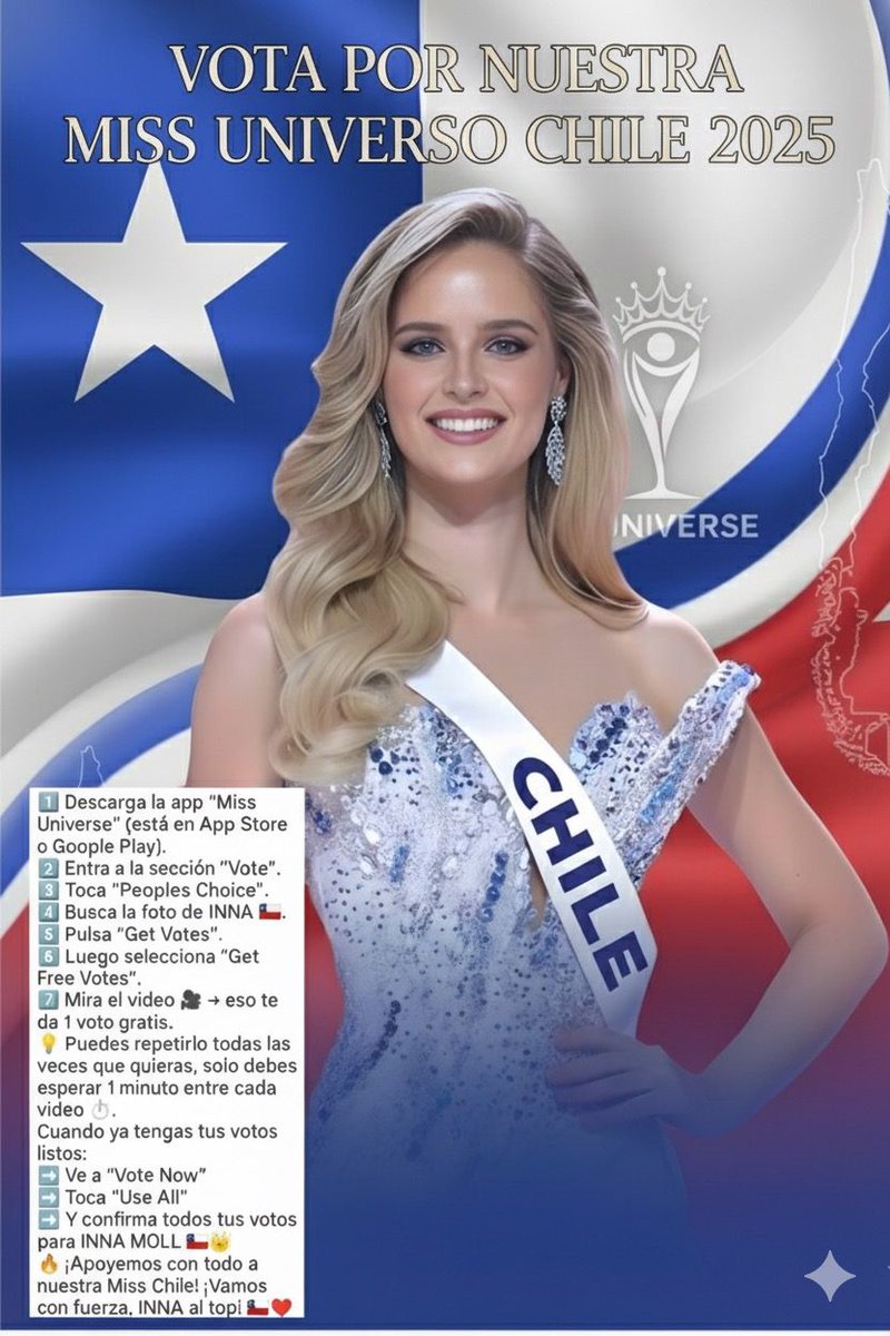 hanniithaw's tweet photo. Voten por favor por nuestra Reina @innamollB  que nos está representando en el @MissUniverse 🙏🏻 Se necesita de los votos para clasificar al Top 30  así como lo hicimos con nuestra Emilia el año pasado! Vamos Chilenos que se puede 🇨🇱👑🩷#FiebreDeBaileCHV https://t.co/ZzFDVTyXzE