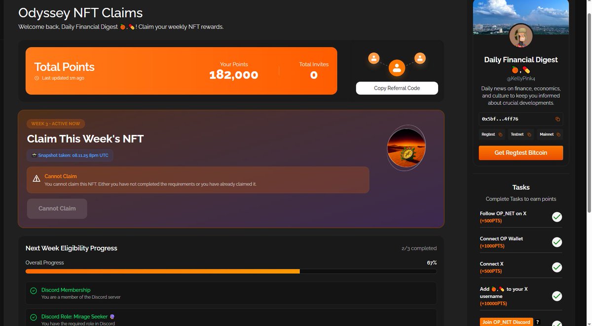 🏜️ ODYSSEY WEEK 4 🏜️

🧭 Portal → opnet.org/dashboard?r=7r…
Total Available Points: 29,500
🌐 Galxe Quest (Dust Drifter) → app.galxe.com/quest/WDKbxYka…
🧠 Quiz answers:: 1-B, 2-C, 3-D, 4-C, 5-C, 6-D, 7-B, 8-C, 9-B, 10-C
<a href="/opnetbtc/">OP_NET</a> #btc