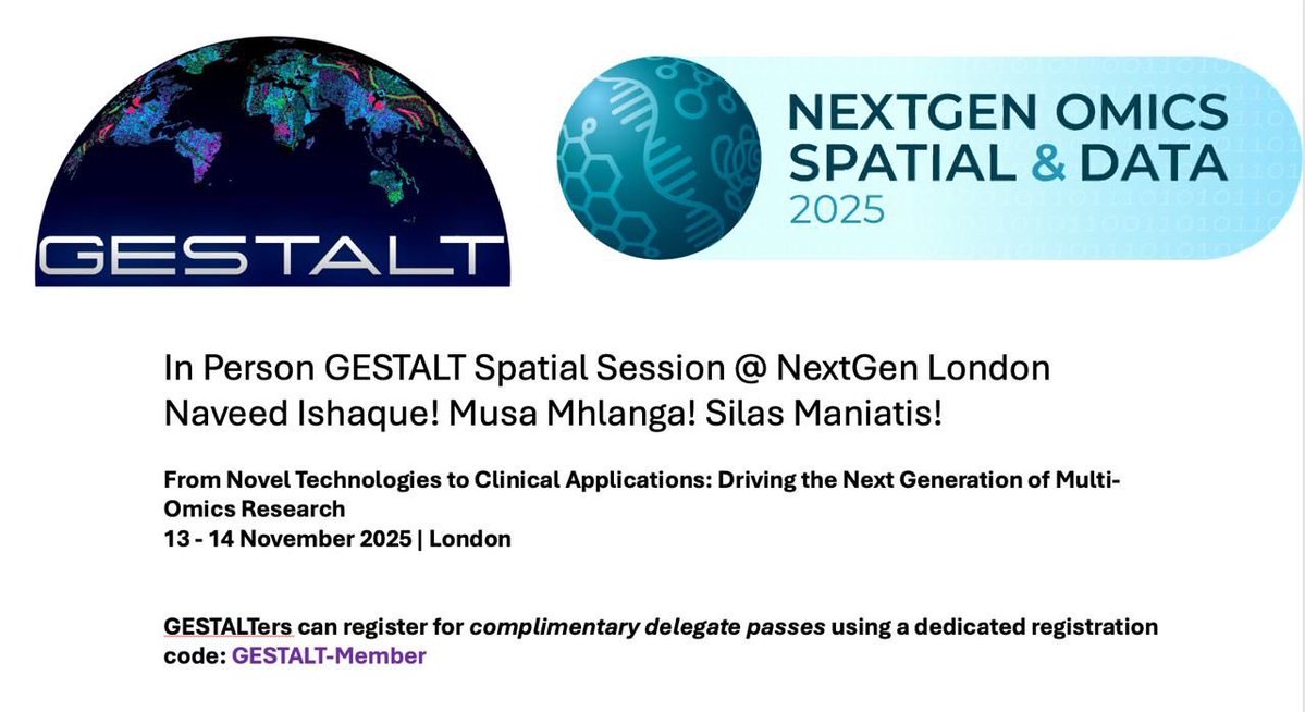 DrJasPlummer's tweet image. Calling all #singlecell #spatial officianados. Join fellow @GESTALT_sp members in our workshop at NextGenOmics Spatial &amp;amp; Data 2025
@naveedishaque 
Musa Mhlanga
@SManiatis73425 
@ahmetfcoskun 
Free registration for GESTALT members  Nov 13-14 in London UK! @ioavlachos @LGMartelotto