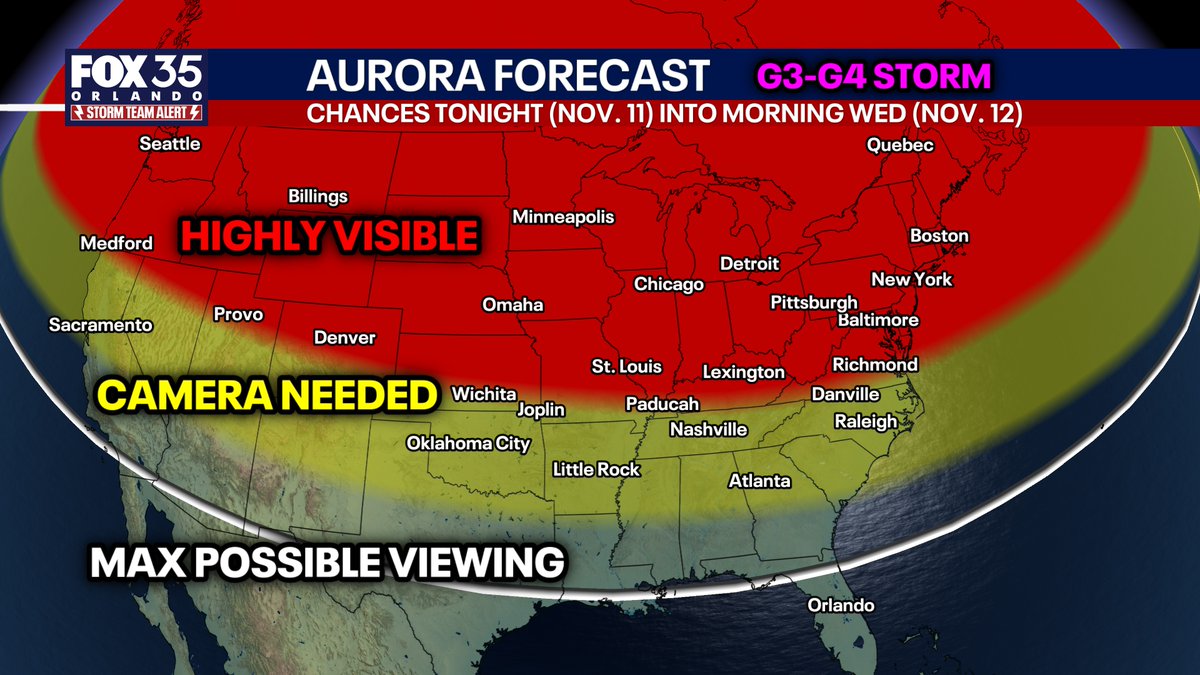 WOW! Tonight's solar storm is PRODUCING quite the aurora and northern lights show across the United States. And this could be a teaser for a bigger episode Wednesday night that is not just more vibrant, but further south. Go look outside! Share your view below. Red areas is the