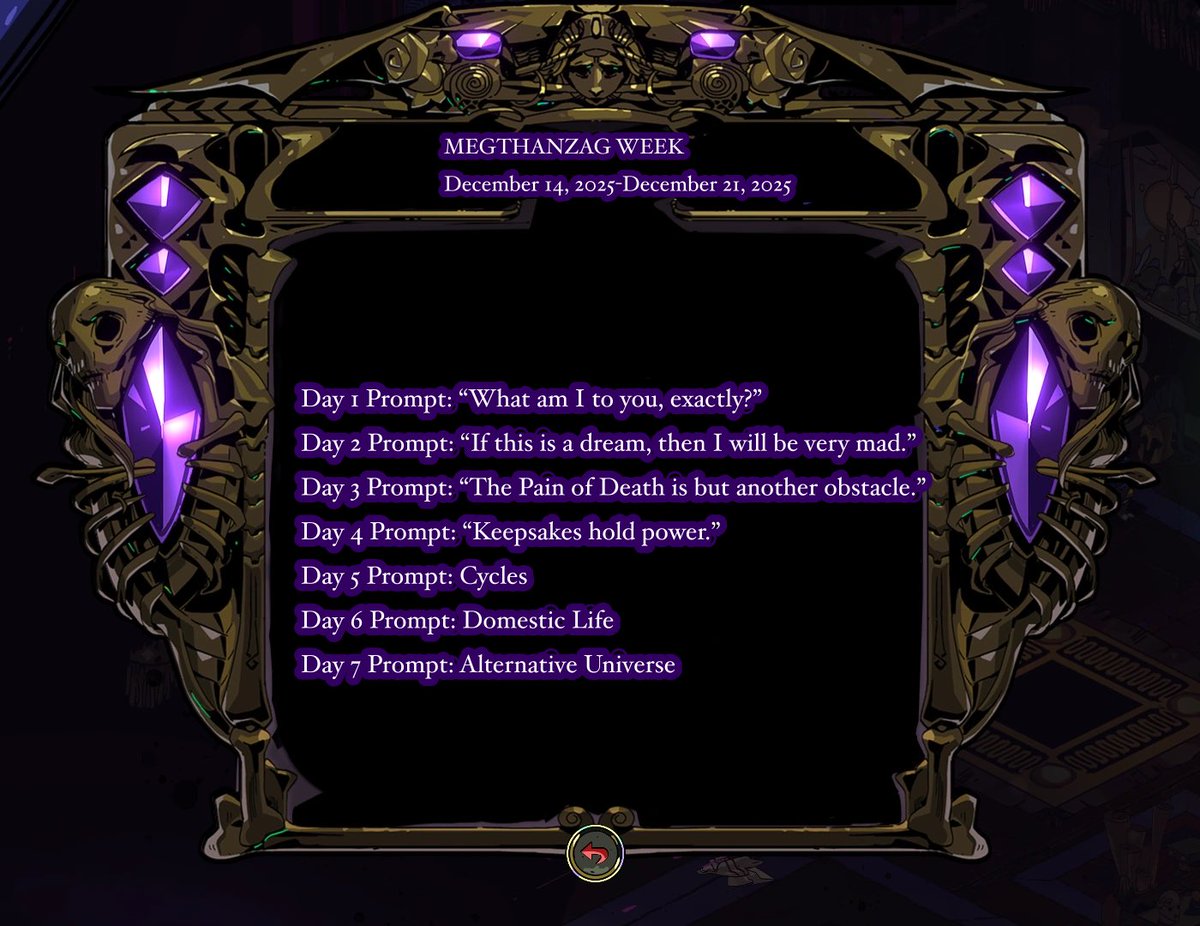 megthanzagcanon's tweet image. Hello everyone! We have one month left until #MegThanZagWeek! Here’s a layout of the prompts if you have not seen them yet! The event is still scheduled from 12/14/25-12/21/25! Have fun creating!