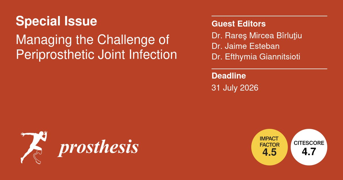 Prosthesis_MDPI's tweet image. 🦴🔬 Special Issue Alert! Explore cutting-edge PJI solutions—diagnostic innovations, surgical strategies, antimicrobial advances. Bridging orthopedics &amp;amp; infectious diseases! 

🔗mdpi.com/journal/prosth…

#OrthopedicInnovation #InfectionCare