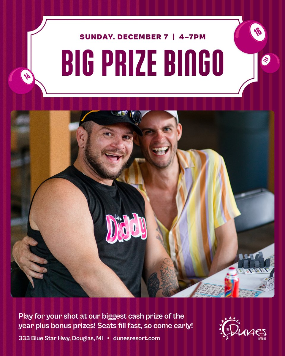 DunesResort's tweet photo. Go Big or Go Home, Baby! 

Because Big Prize Bingo is back at #DunesResort, and it's your chance to end the year with a bang. 💵 💵 Join us on December 7th for bingo, or stay with us for all of our weekend events! https://t.co/tnnlH2PPlp 

#Saugatuck #gayresort #gaytravel https://t.co/hSxAEUUpqT