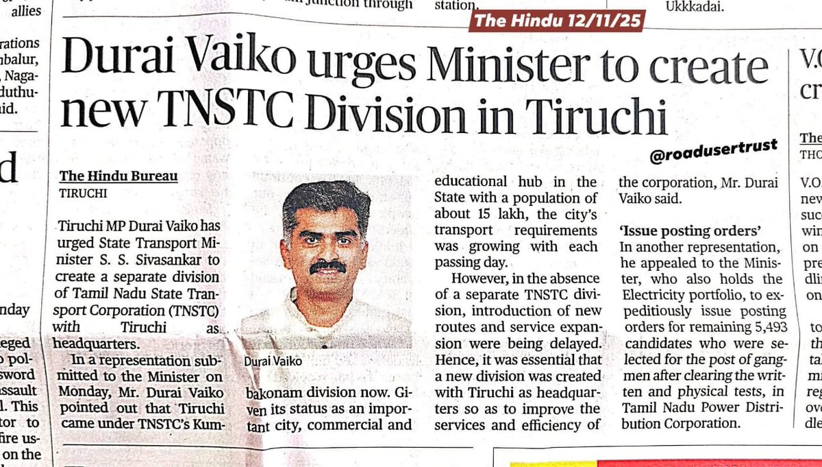 TrichyTreasures's tweet image. Trichy MP @duraivaikooffl   urges Tamilnadu transport Minister @sivasankar1ss to create new TNSTC Division qith Trichy as headquarters. #Trichy 

thehindu.com/news/cities/Ti…