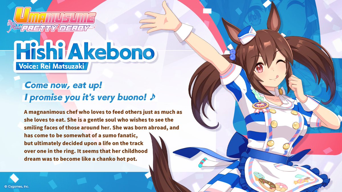 Character Introduction 🥕

Hishi Akebono
Voice: Rei Matsuzaki

Big and generous... portions? Get some more buono in your life! ♪

#Umamusume