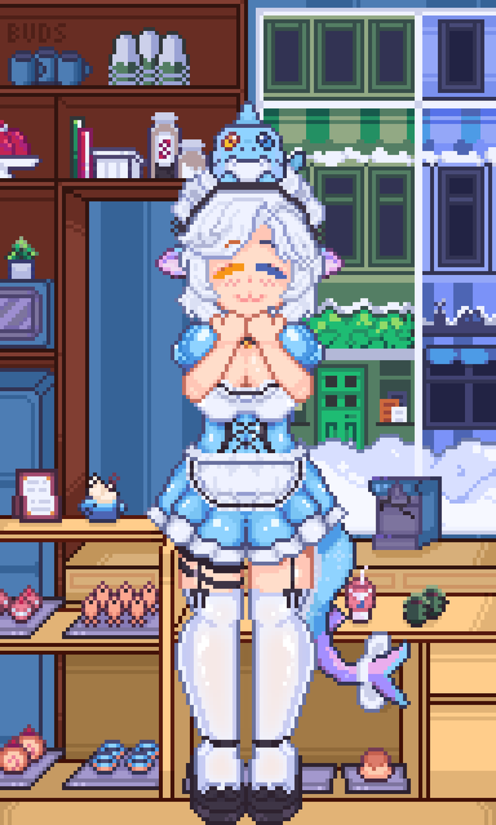 Uma das melhores pixel arte que fiz para a <a href="/tutubademeia/">Mochi Yuki 🦈</a> !! Espero que goste! 🦈💙🖤🐧