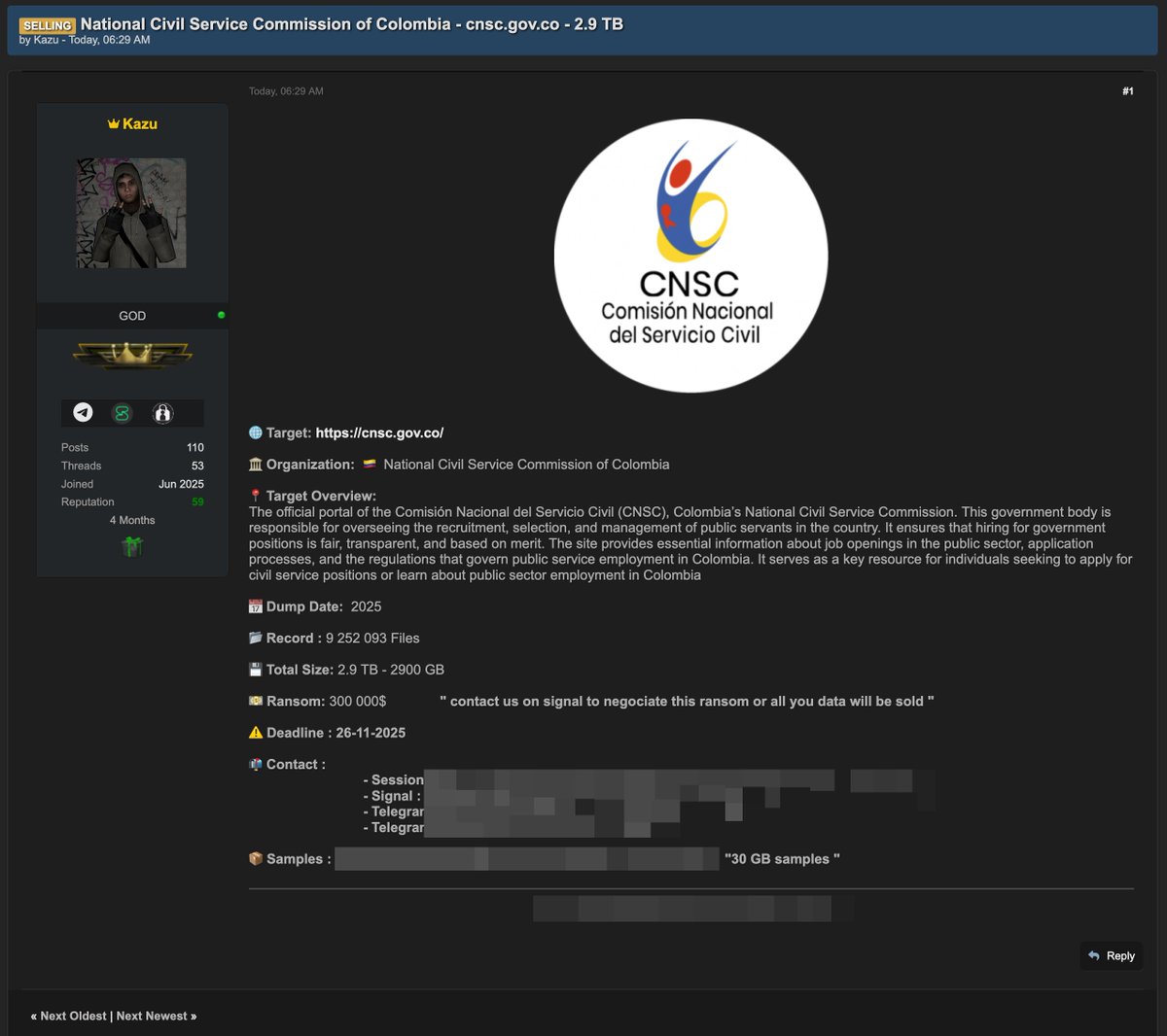 _venarix_'s tweet image. The #hacker group #Kazu has listed the National Civil Service Commission of #Colombia 🇨🇴 (@CNSCColombia) on its blog. #CNSC is the government body responsible for managing the selection, evaluation, and promotion of public officials in #Colombia.

@SenadoGovCo
@DAFP_COLOMBIA…