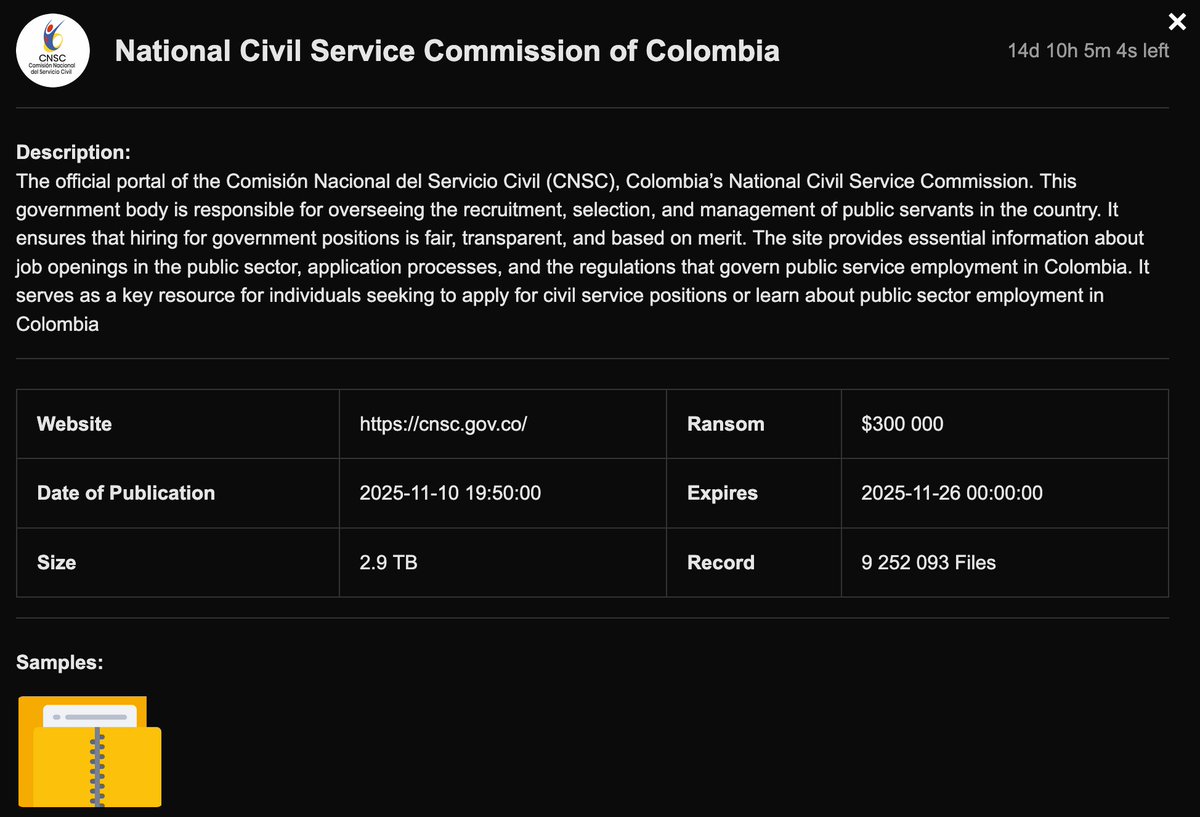 _venarix_'s tweet image. The #hacker group #Kazu has listed the National Civil Service Commission of #Colombia 🇨🇴 (@CNSCColombia) on its blog. #CNSC is the government body responsible for managing the selection, evaluation, and promotion of public officials in #Colombia.

@SenadoGovCo
@DAFP_COLOMBIA…