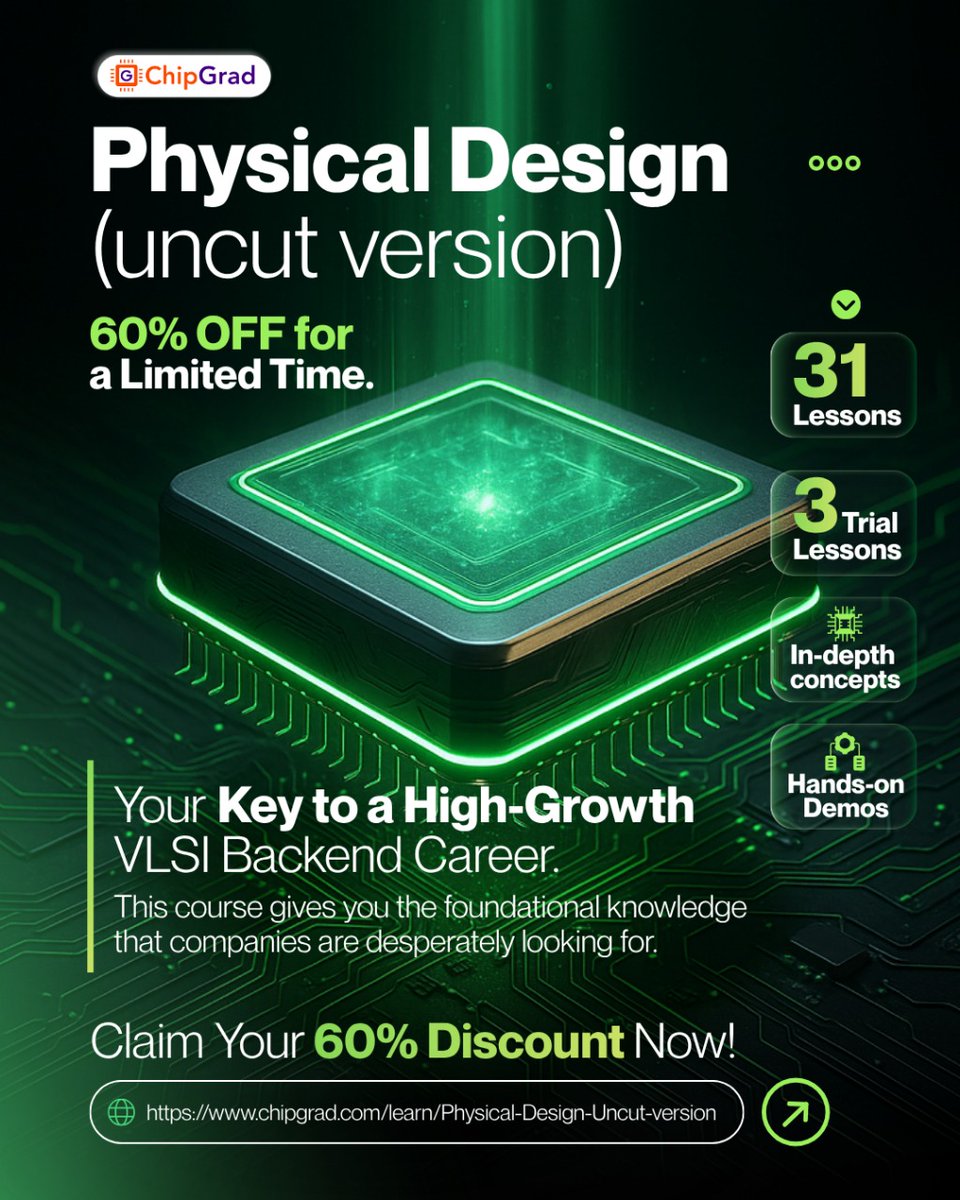 vlsi_expert's tweet image. 👀 What turns 1s &amp;amp; 0s into working chips?
Spoiler: Not caffeine (though that helps ☕). It’s👇
⚙️ Logic Synthesis – turning code into logic
⏱️ STA – meeting timing like a pro
🏗️ Physical Design – giving it silicon life
#VLSIDesign #ChipDesign #STA