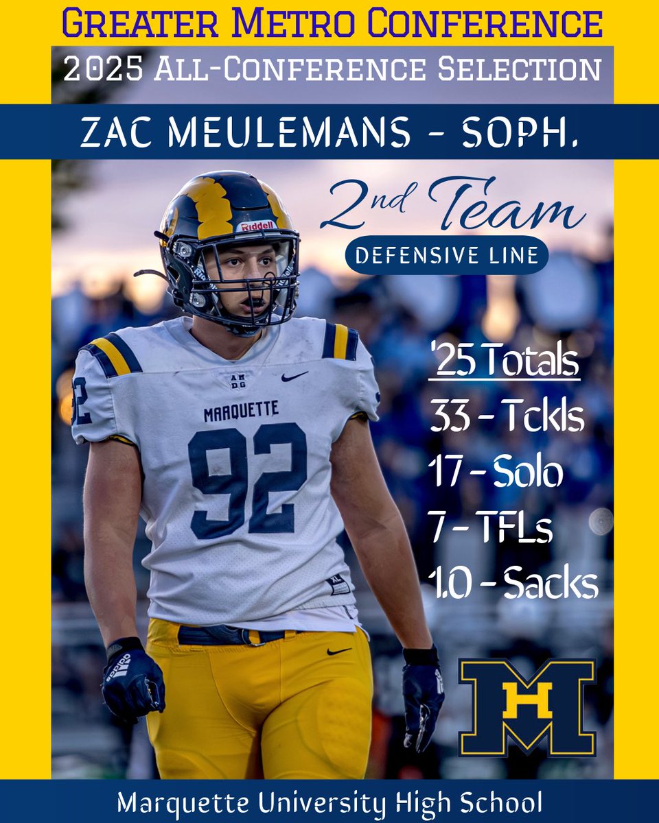 ZMeulemans2028's tweet image. Honored to be named to the Greater Metro Conference 2nd Team as a sophomore. 
Thanks to @coachjonkahle, Coach Horter, and Coach Dev for helping me make the jump to varsity football for @FootballMuhs. #AMGD 
Big thanks to @trenchtraining as well!
@MJ_NFLDraft  @PrepRedzoneWI
