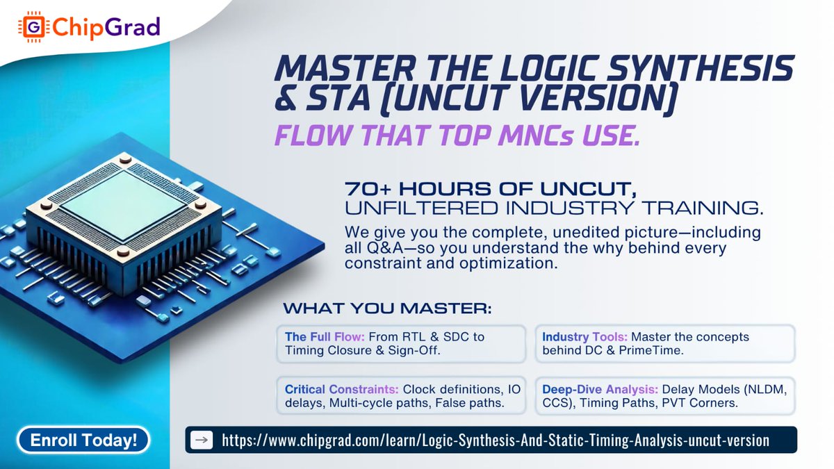 vlsi_expert's tweet image. 👀 What turns 1s &amp;amp; 0s into working chips?
Spoiler: Not caffeine (though that helps ☕). It’s👇
⚙️ Logic Synthesis – turning code into logic
⏱️ STA – meeting timing like a pro
🏗️ Physical Design – giving it silicon life
#VLSIDesign #ChipDesign #STA
