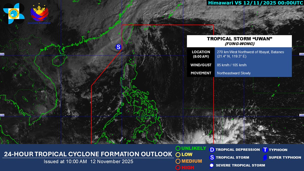 WEATHER UPDATE | As of 8:00 AM today, 12 November 2025, "UWAN" (Int'l Name "FUNG-WONG") has weakened into a Tropical Storm and is still being monitored OUTSIDE the Philippine Area of Responsibility (PAR).

Source: DOST-PAGASA

#UwanPH
#BawatSegundoMahalaga
#NDRRMC