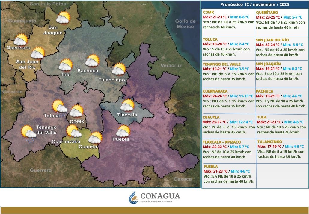 conagua_clima's tweet image. Se pronostica para esta noche en el #ValleDeMéxico ambiente fresco a #Frío, cielo parcialmente nublado y #Viento con #Rachas de hasta 40 km/h. La mañana del miércoles será con ambiente frío en la región y muy frío con #Heladas en zonas altas del Valle. smn.conagua.gob.mx/es/pronosticos…