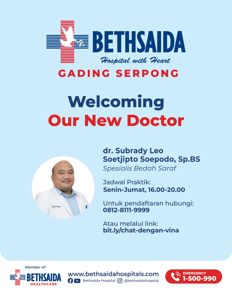 Selamat datang dan selamat bergabung ke dalam keluarga besar Bethsaida Hospital Gading Serpong kepada dr.Subrady Leo, Sp. BS, Dokter Spesialis Bedah Saraf.

#BethsaidaHospital #NewDoctor #SpesialisBedahSaraf #DokterSaraf #GadingSerpong