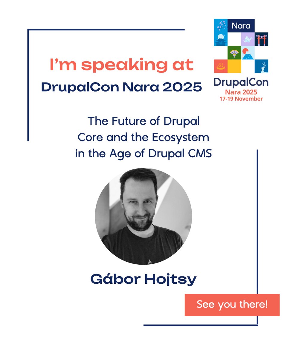 DrupalConAsia's tweet image. 🚀Drupal の未来を語る！
@gaborhojtsy 氏が #DrupalConNara 🇯🇵 に登壇。
 「The Future of Drupal Core and Ecosystem in the Age of Drupal CMS」

📍 会場：飛天 A | 🗓 11 月 18 日 | ⏰ 11:15
 🗣️ 英語セッション
 🔗 events.drupal.org/nara2025/regis…

 #DrupalConAsia #Drupal #OpenSource #Innovation