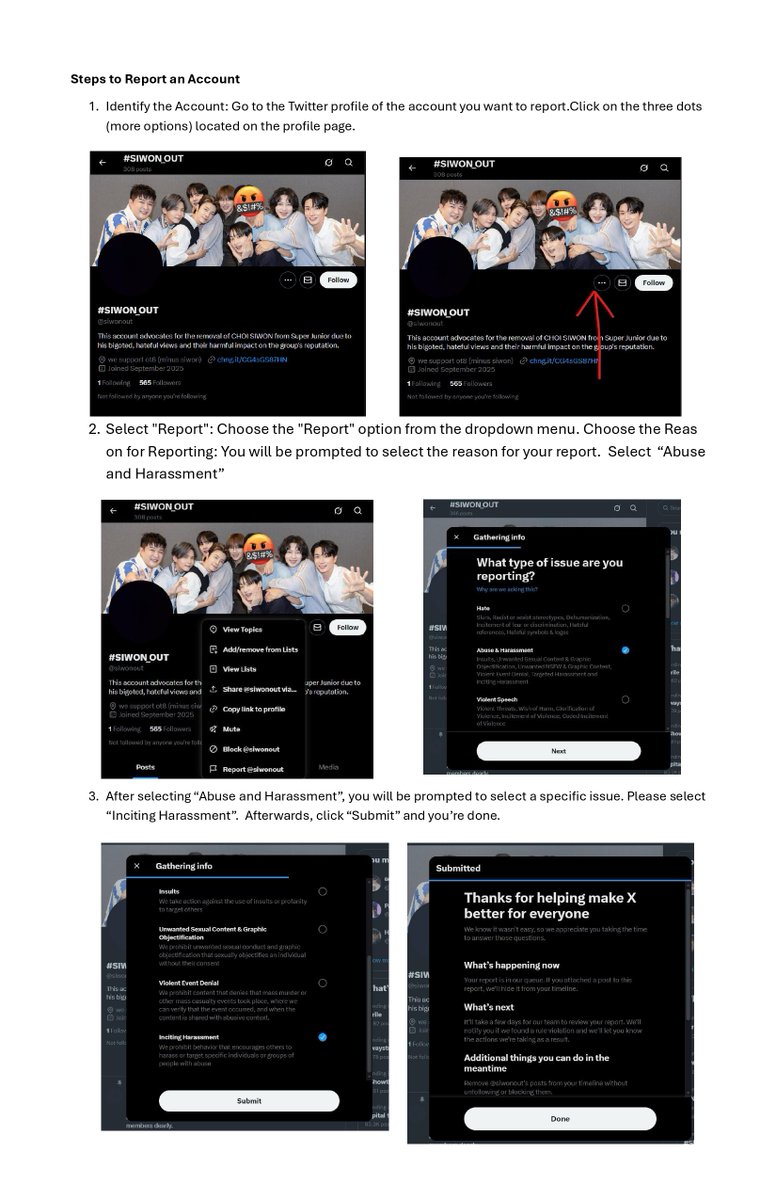 unicorns4siwon's tweet photo. We need to mass report @/siwonout for spreading false rumors about Siwon.  Report their recent posts + the account for misinformation &amp; targeted harassment. 

Let’s protect Siwon from these baseless attacks. Report @/siwonout now. 👈🏽

Guide on how to report ⬇️ https://t.co/R08yJFwhAk