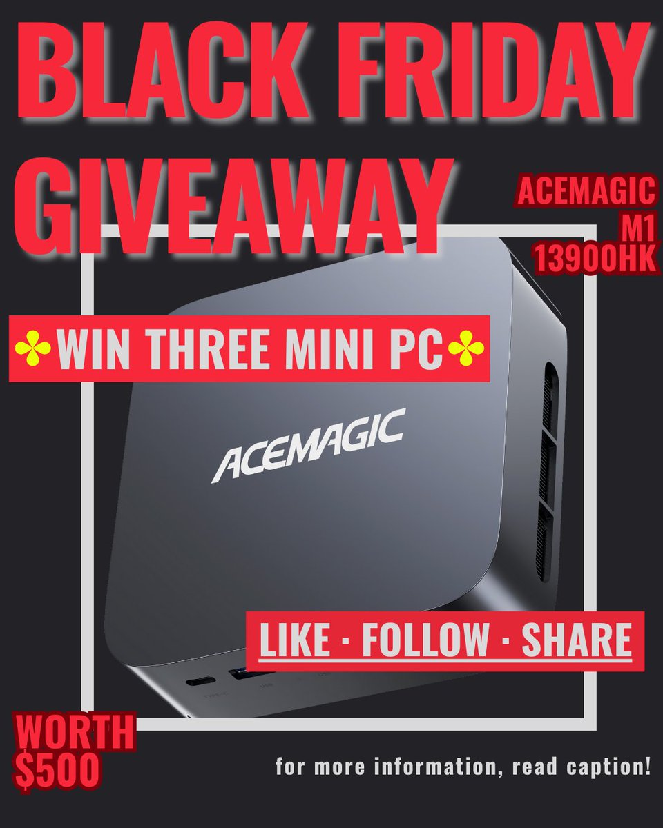 Acemagic_'s tweet image. ⚡️ BLACK FRIDAY GIVEAWAY UPGRADE!  
Our Halloween Giveaway isn’t over, it’s getting BIGGER!  
We added 1 more M1 Mini PC, making 3 winners total, each worth $500! 🎁  
🎯 How to enter (or boost your chance):
✅ Follow acemagic_official on Instagram
✅ Like &amp;amp; share this post
✅…