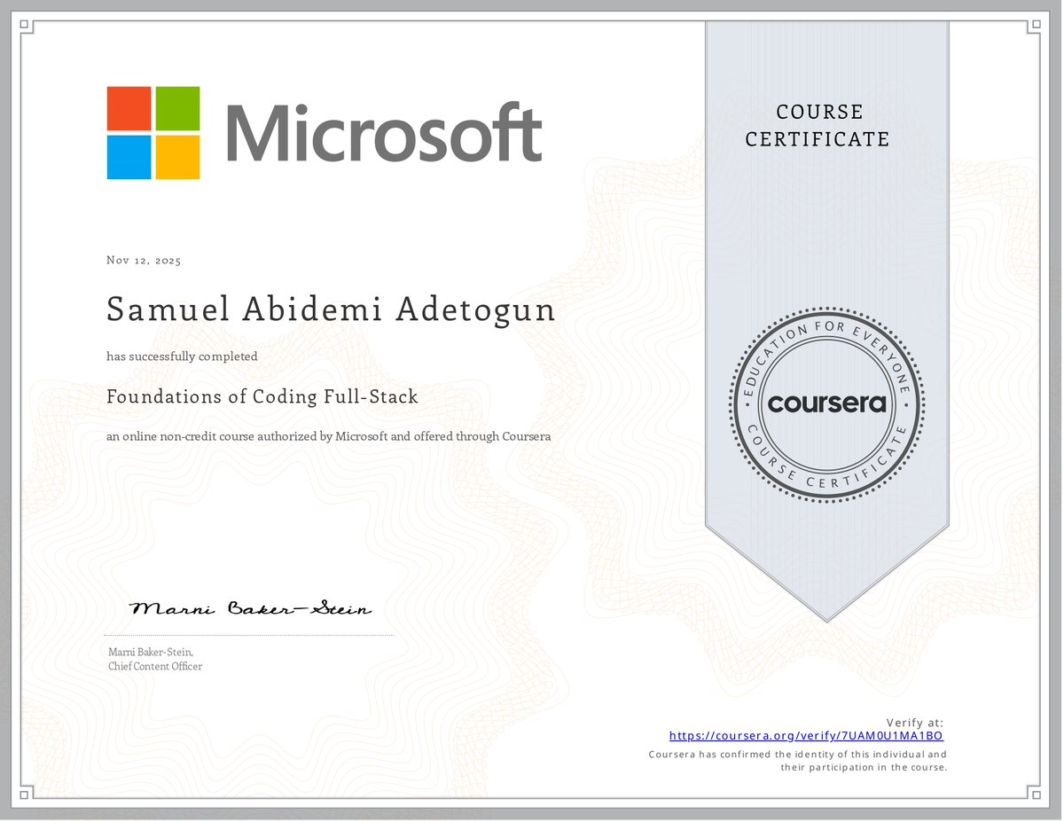 adetogun_samuel's tweet image. ✅ Earned my 1st cert in the Microsoft Full-Stack Dev program: &quot;Foundations of Coding Full-Stack&quot;!

Grade: 92.80% 🎯

Solidified core backend fundamentals. 1 down, 11 to go!

#DotNet #CSharp #BackendEngineer