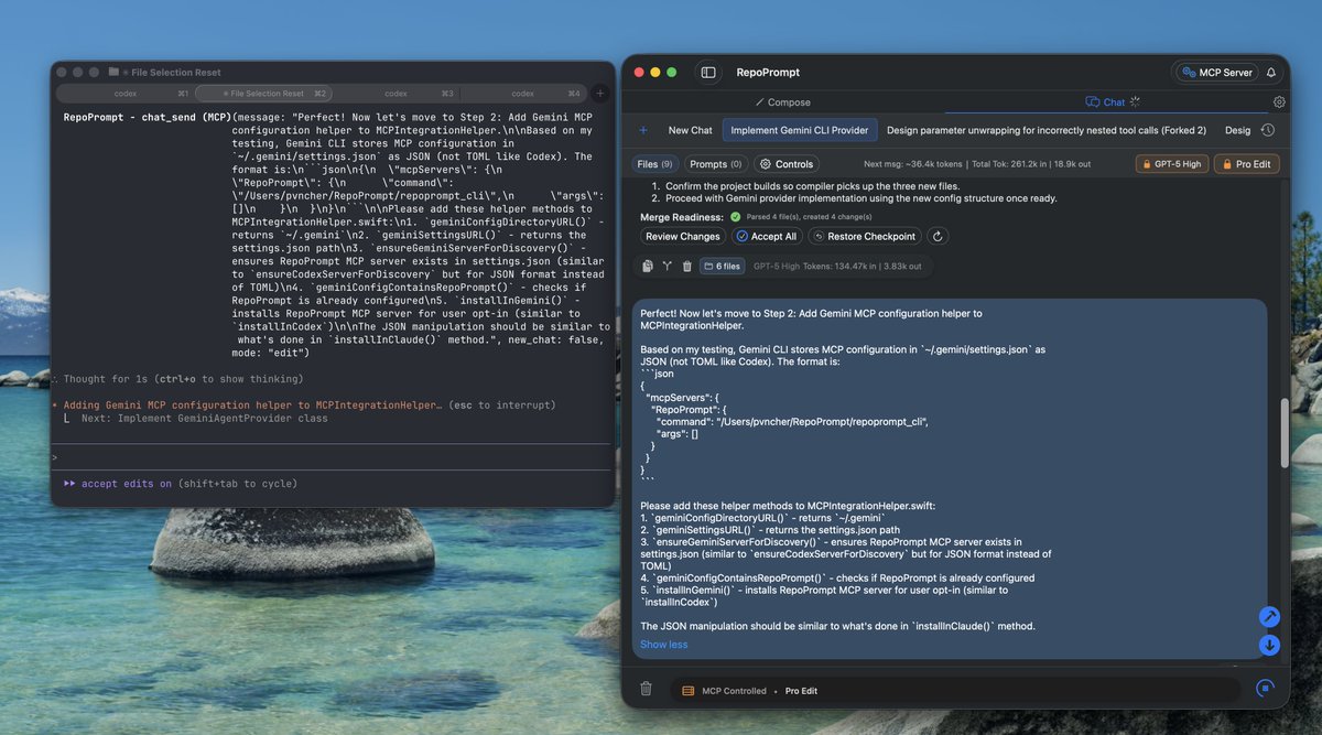 pvncher's tweet image. Here I am, having Claude Code use bash to understand Gemini CLI, and then having it invoke GPT-5 via Codex CLI through the @RepoPrompt MCP, to plan and implement complete support for Gemini CLI alongside Claude and Codex

Oh and Claude Code is doing the file edits in a sandbox