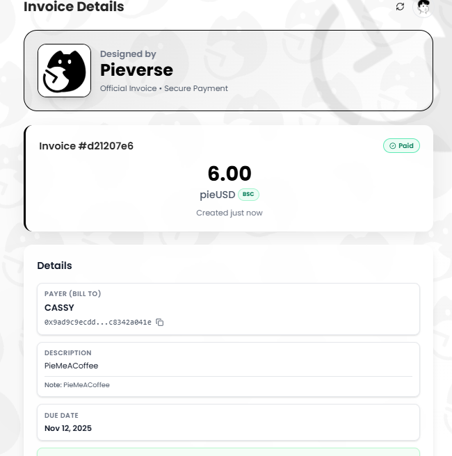 ZaraCharles12's tweet photo. My first Pieverse receipt @pieverse_io 
#Pieverse #PieMeACoffee #x402 https://t.co/qO5bhvZRZN