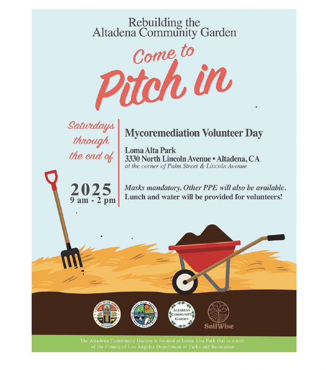 Are you looking for a meaningful #volunteer opportunity? Join us in helping #Altadena rebuild after the Eaton Canyon wildfire by lending a hand on Saturdays at the #AltadenaCommunityGarden with mycoremediation efforts. #enviorment