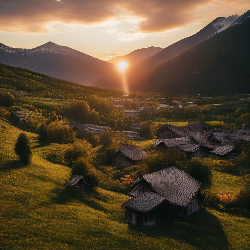 vu2lid's tweet image. Morning found the caravan trading stories in a green basin where roofs shone like embers.
Pastoral dawn, soft light, rustic wooden roofs. #AIArt #SkyVibes