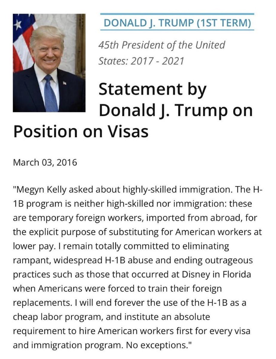 <a href="/AFpost/">AF Post</a> This is what happens when a President with a correct vision in his first term (“The H-1B program is neither high skilled nor immigration…”) ends up getting reelected with a coalition of tech bros. 

Absolute betrayal. We got played. The tech bros literally danced for mass
