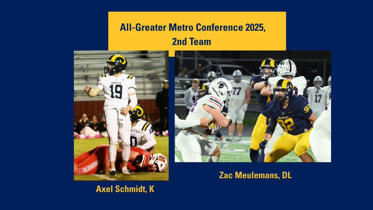 FootballMuhs's tweet image. Congratulations to our 2nd Team All-Greater Metro recipients: Zac Meulemans (DL) and Axel Schmidt (K).  Both sophomores.