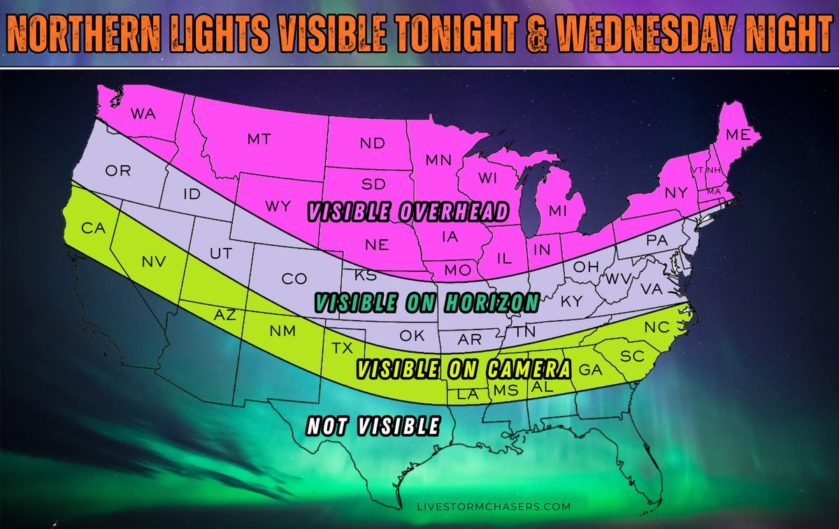🚨 Severe Geomagnetic G-4 Storm Watch Issued 🚨

A powerful solar flare is expected to trigger a severe geomagnetic storm, making the northern lights possibly visible much farther south than usual — tonight and even farther south Wednesday night (see map).

🌌📸 ☁️