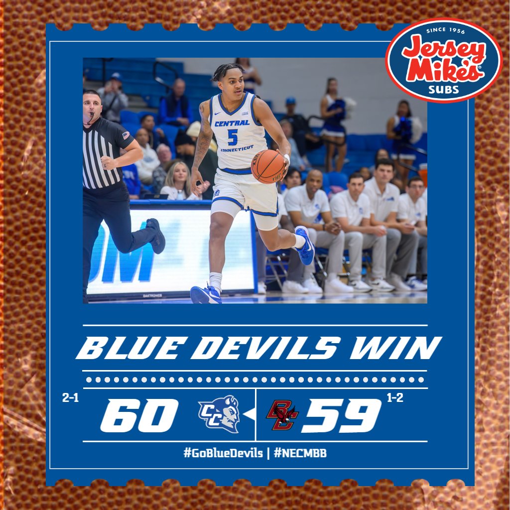 BLUE DEVILS WIN!

🏀 RECAP

<a href="/CCSU_MBB/">CCSU Men’s Basketball</a> 60, Boston College 59

🏀 Smith, Jr.: 14p (GW shot with 3.2 seconds to play)
🏀 Sanchez: 17p (5-8 3fg)
🏀 CCSU: Held BC to 1 fg in last 4:30

⏭ at UMass, Sunday 2pm

#GoBlueDevils | #NECMBB