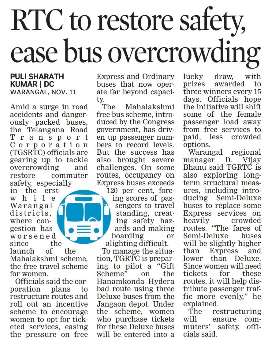revanthannanews's tweet image. 💥 @revanth_anumula Govt Acts to Make #MahalakshmiScheme Safer
🔹RTC to revamp routes &amp;amp; ease overcrowding in Warangal
🔹“Gift Scheme” to encourage women to use paid Deluxe services
🔹Semi-Deluxe buses planned for safer, smoother rides
 #TelanganaGovt #WomenSafety @TGSRTCHQ