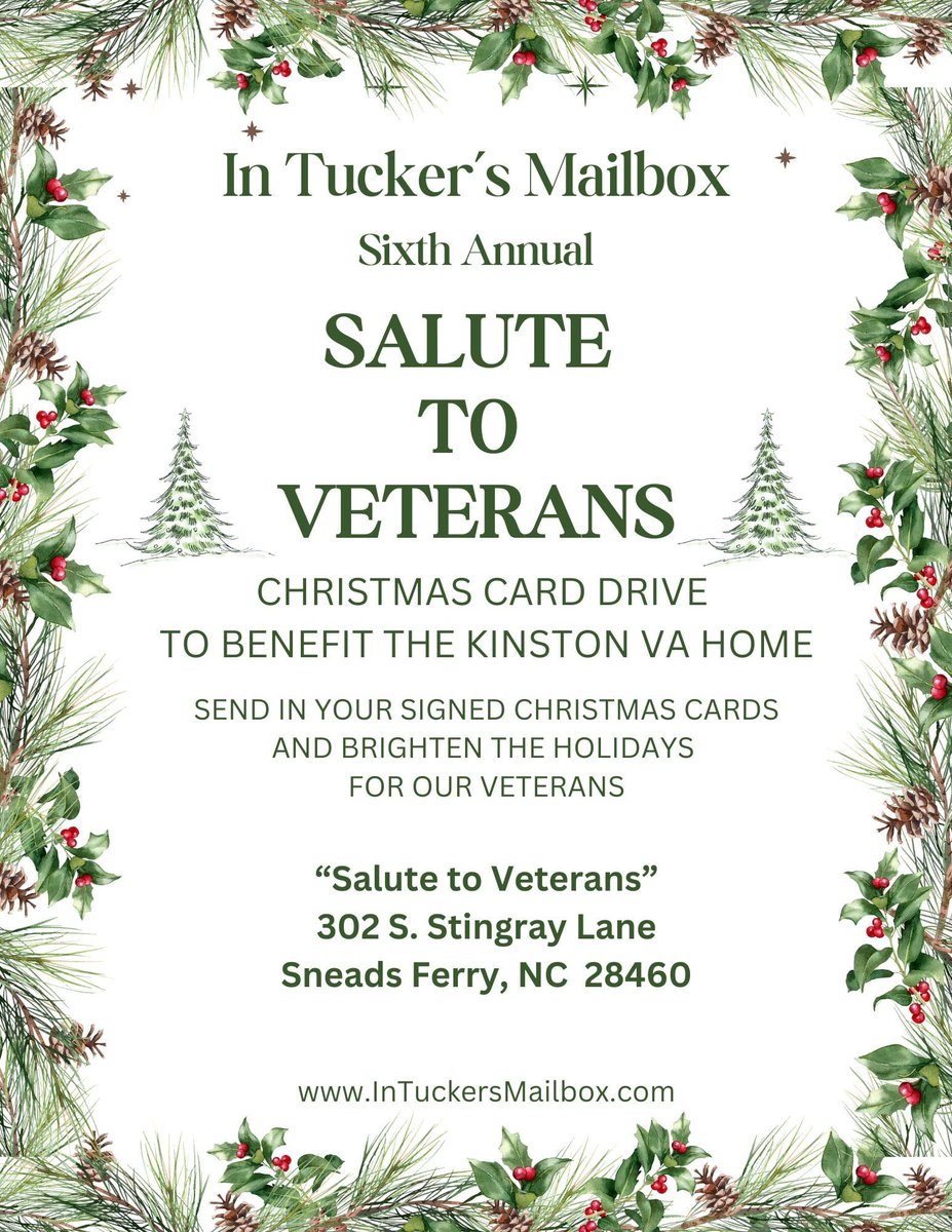 HAPPY VETERANS DAY

Each Veterans Day marks the start of my annual SALUTE TO VETERANS Christmas card drive, to benefit the Kinston VA Home. With more than 11,000 cards collected over the last five years, I’m excited to see how much support our Veterans can get this year.