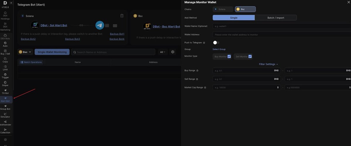 🤖 DBot BSC Alert Bot is live! 👉 t.me/bsc_alert_dbot

Now supporting #Solana &amp; #BSC wallet tracking with full PnL and position analysis.
🔹Track up to 500 smart wallets individually (SOL &amp; BSC Alert Bot)
🔹Or monitor 30 wallets per task, with 100 tasks totaly (SOL Alert Bot)