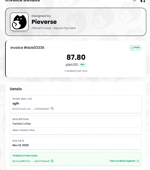 Stephan50628426's tweet photo. A milestone – my first Pieverse receipt
@pieverse_io 
#Pieverse #PieMeACoffee #x402 https://t.co/kmlrWc43B7