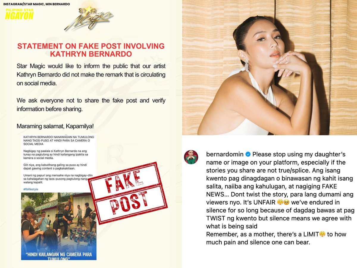 psngayondigital's tweet photo. ‘PLEASE STOP USING MY DAUGHTER’S NAME ESPECIALLY IF THE STORIES YOU SHARE ARE NOT TRUE’

Ganito ang inihayag ni Min Bernardo, ina ng aktres na si Kathryn Bernardo, sa kanyang recent Instagram post.
Ito ay matapos mag-release ng statement https://t.co/2WFY78lXjR