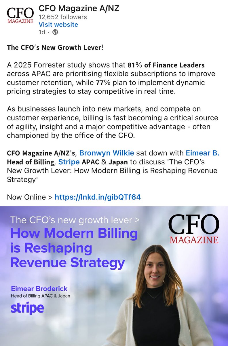 The CFOs New Growth Lever! Excellent insights from Eimear Broderick, Head of Billing JAPAC at <a href="/stripe/">Stripe</a> &gt; Full story now online at CFO Magazine 👉 cfomagazine.com.au/the-cfos-new-g…