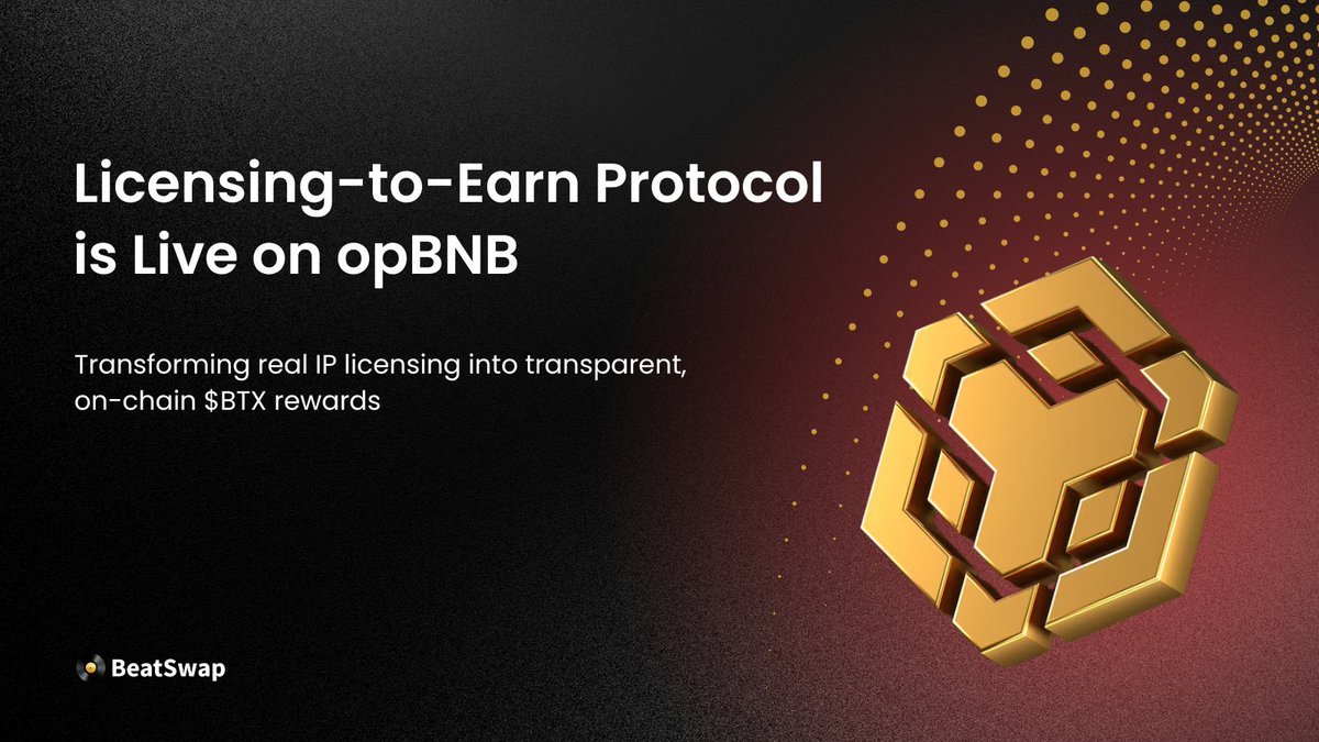 🚀 BeatSwap Licensing-to-Earn (L2E) protocol is now live on opBNB Mainnet!

Powered by the IP Licensing Index (IPL) and verified through the BeatSwap Oracle (beatswap.io/oracle), BeatSwap L2E transforms verified IP licensing activity into transparent, programmable $BTX