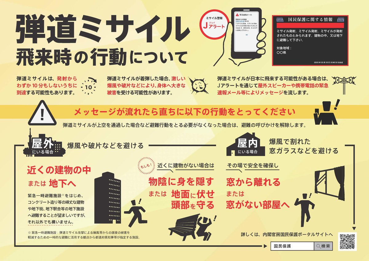 弾道ミサイル発射の緊急情報が発せられた場合にとるべき避難行動について以下のURLから確認できますので、ご参照ください。 #弾道ミサイル
city.sendai.jp/kikikanri/kura…