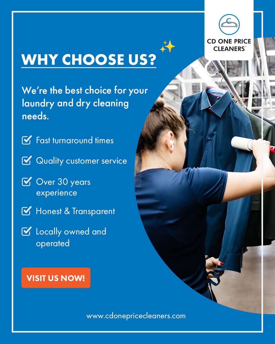 CDOnePrice's tweet image. Why choose #CDOnePriceCleaners? Because your clothes deserve the best care

Enjoy fast turnaround, exceptional service, and over 30 years of trusted experience from a locally owned business that values honesty and transparency

#Laundry #DryCleaning #TrustedService #LocalBusiness