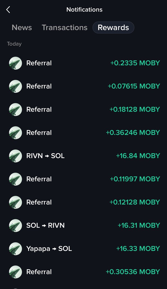 Very cool seeing my $MOBY rewards stack up from trades, airdrops, and referrals.

The <a href="/Moby/">Moby</a> app is 🔥 — watching my 100k Moby progress bar inch closer to the $1,000 airdrop every day is addicting.

You actually get rewarded for trading. Up to 30% back in $MOBY + referral rewards