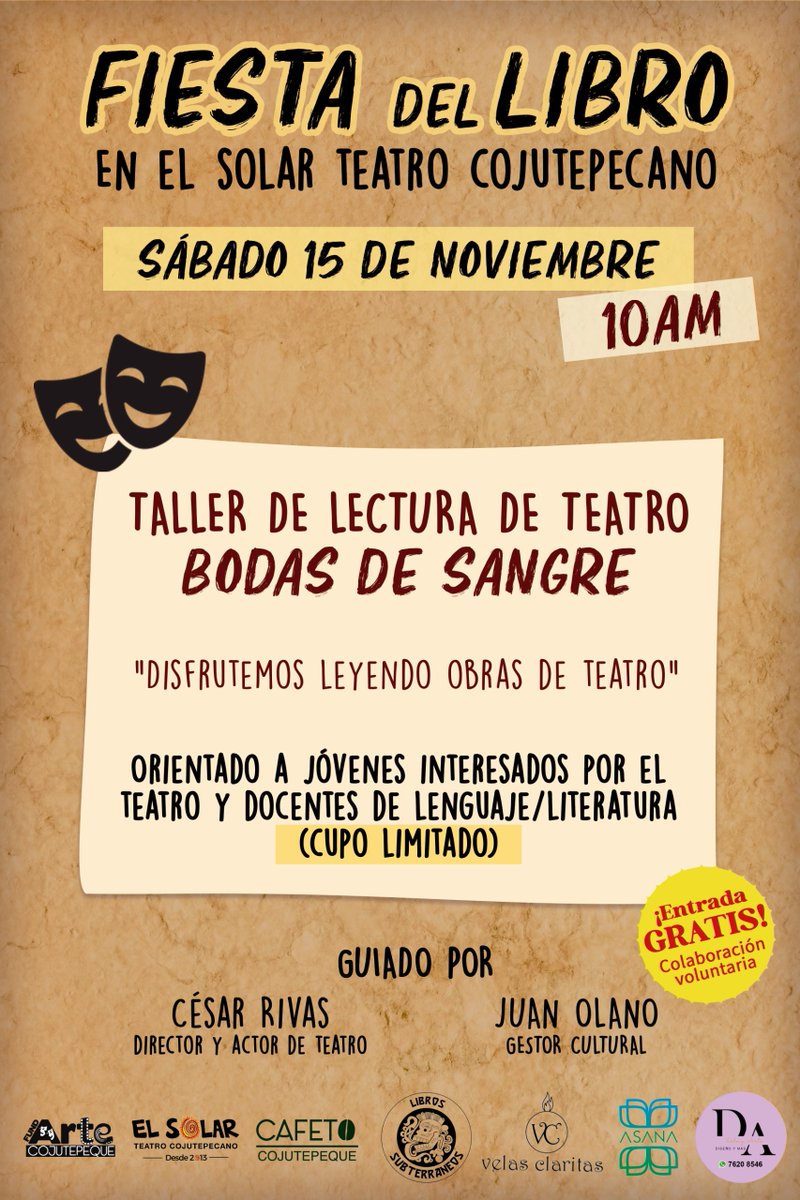 ¡Fiesta del libro en El Solar!
15 y 16 de noviembre 2025

¡Leamos obras de #teatro en comunidad!
"Bodas de sangre" y "Luz negra"
Cupo limitado, reserva el tuyo en <a href="/CafetoCojute/">CAFETO COJUTEPEQUE</a> 

#leer #Reading #lectura #literatura #Literature
#Libros #Books
#Cojutepeque #Cuscatlan #ElSalvador