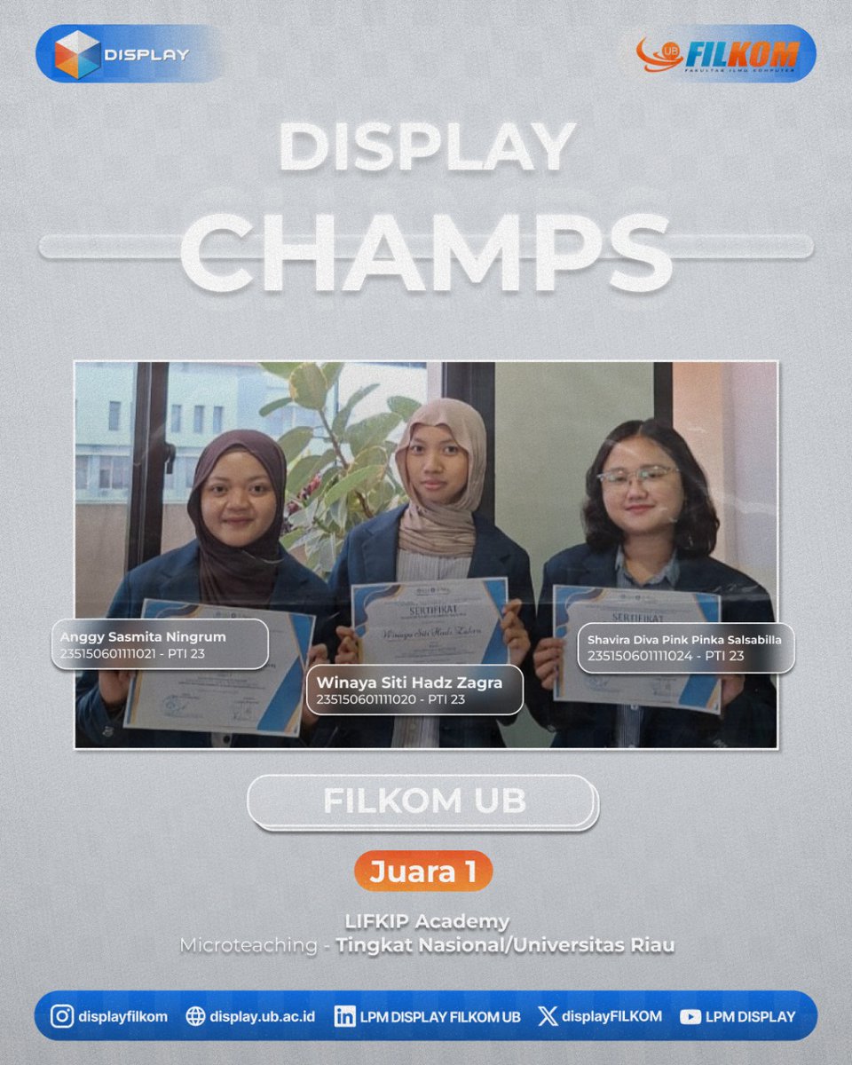 displayfilkom's tweet photo. [Display Champs 🏆]

Halo Displayers!!👋🏻
Kali ini ada berita membanggakan datang dari keluarga besar Display! 🌟 https://t.co/xIGHQOJ5Zz