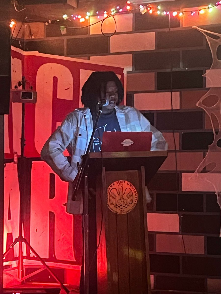 LSUCWprogram's tweet image. Well... that&apos;s a wrap on Fall 2025 Underpass! 🎬 

Last night MFA third-years Kyler Carter, Xavier Hawkins, and Brett Hymel Jr. closed out the final Underpass of the semester. Suffice to say they kept us warm with their brilliant stories, essays, and poems 🕯️