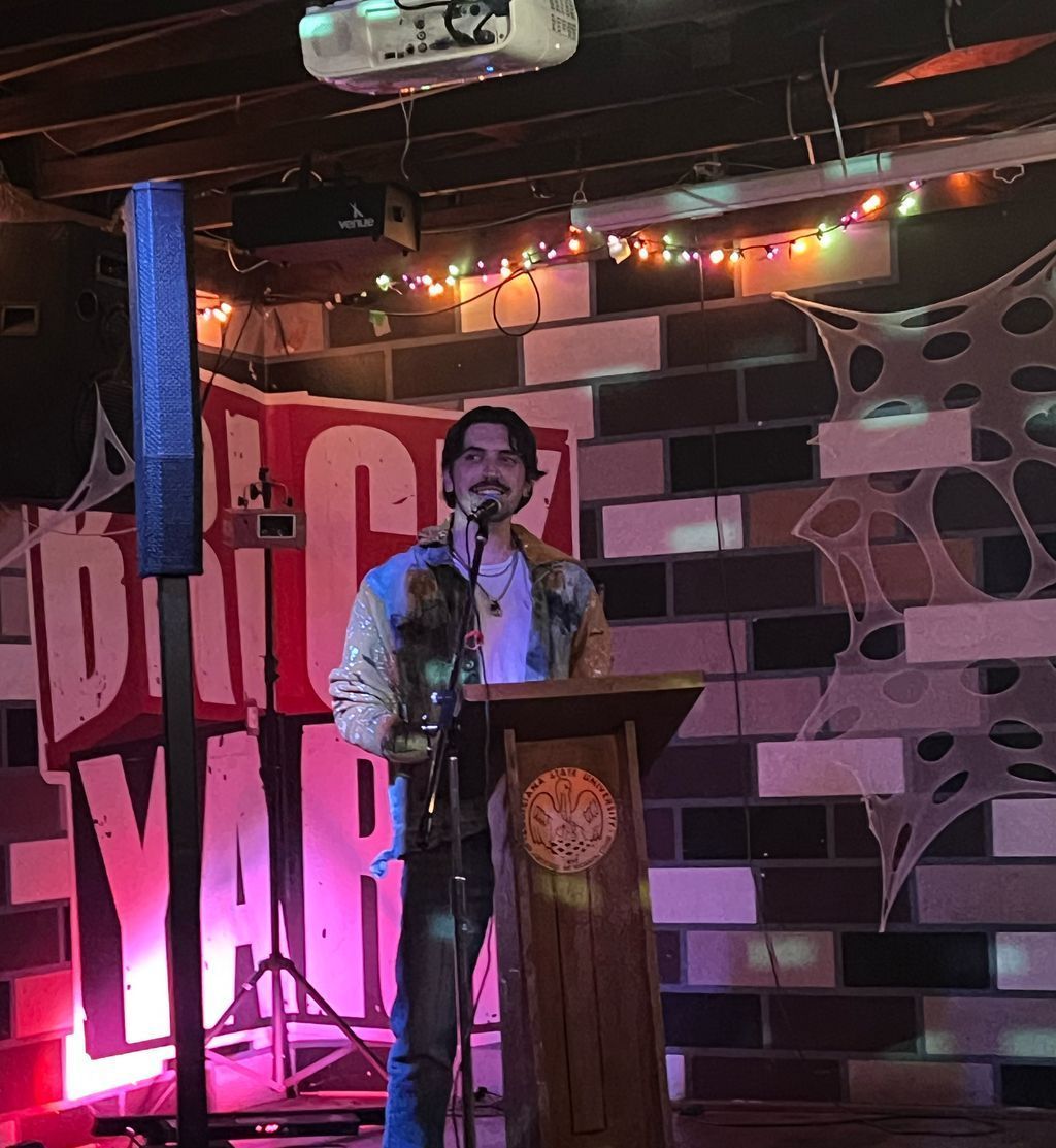 LSUCWprogram's tweet image. Well... that&apos;s a wrap on Fall 2025 Underpass! 🎬 

Last night MFA third-years Kyler Carter, Xavier Hawkins, and Brett Hymel Jr. closed out the final Underpass of the semester. Suffice to say they kept us warm with their brilliant stories, essays, and poems 🕯️